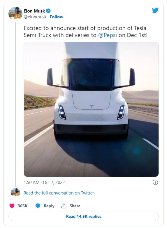 Elon Musk confirms on Twitter Tesla semi truck production
